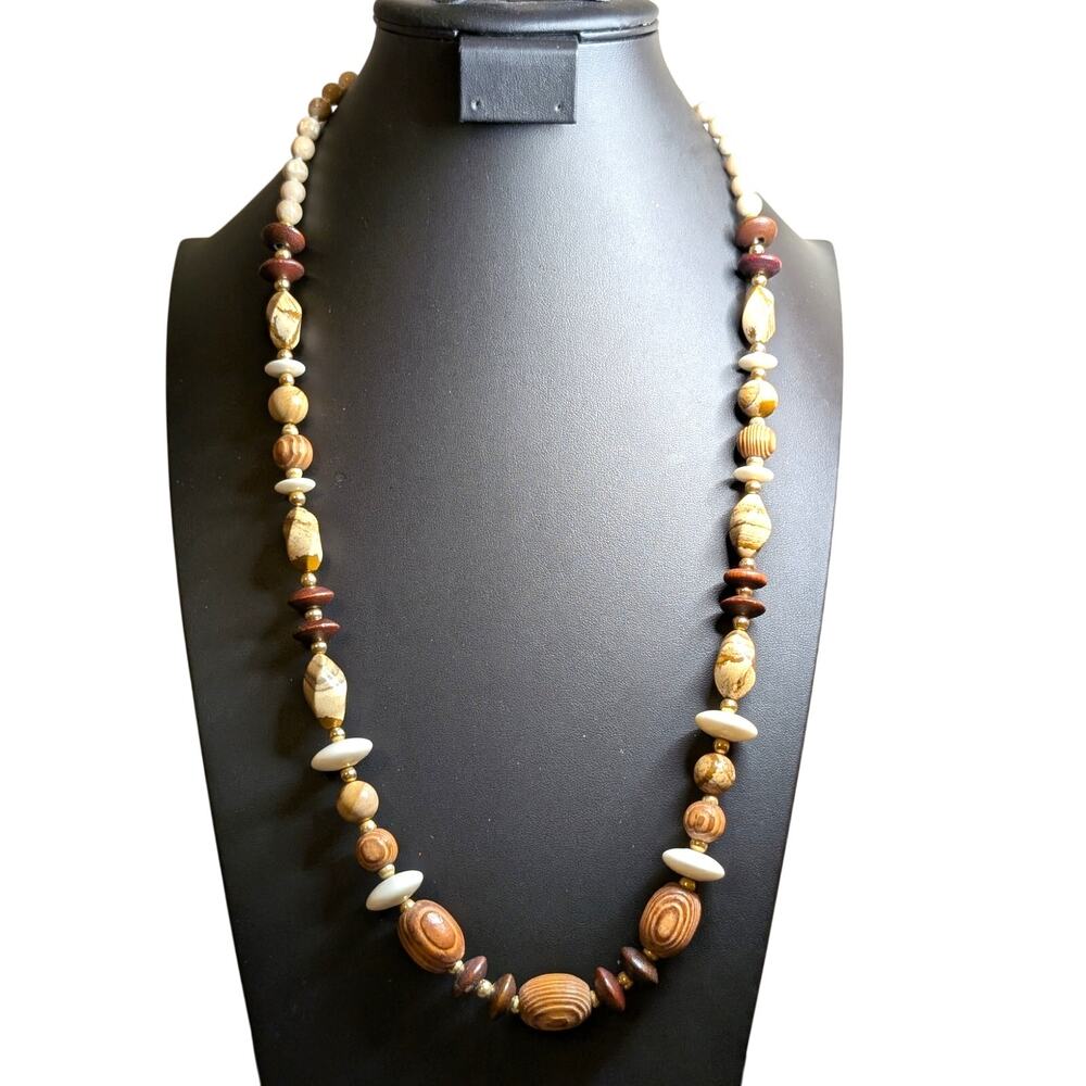 Vintage Wood Jasper Stone Bead 28" Necklace W/ Slide in Clasp.